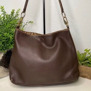 Plinio Visona Reversible Brown Leather/‎ Leopard Print Italian Shoulder Hobo Bag
